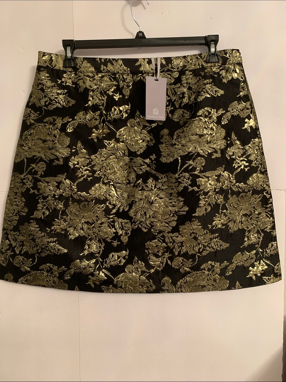 NWT Preston & York Black Mini Evangeline Skirt with Gold Floral Jacquard Size 16